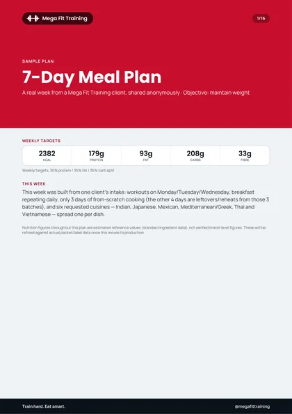 Cover page of a 7-day meal plan branded Mega Fit Training, with a barbell logo, a red header and the week's calorie and macro targets